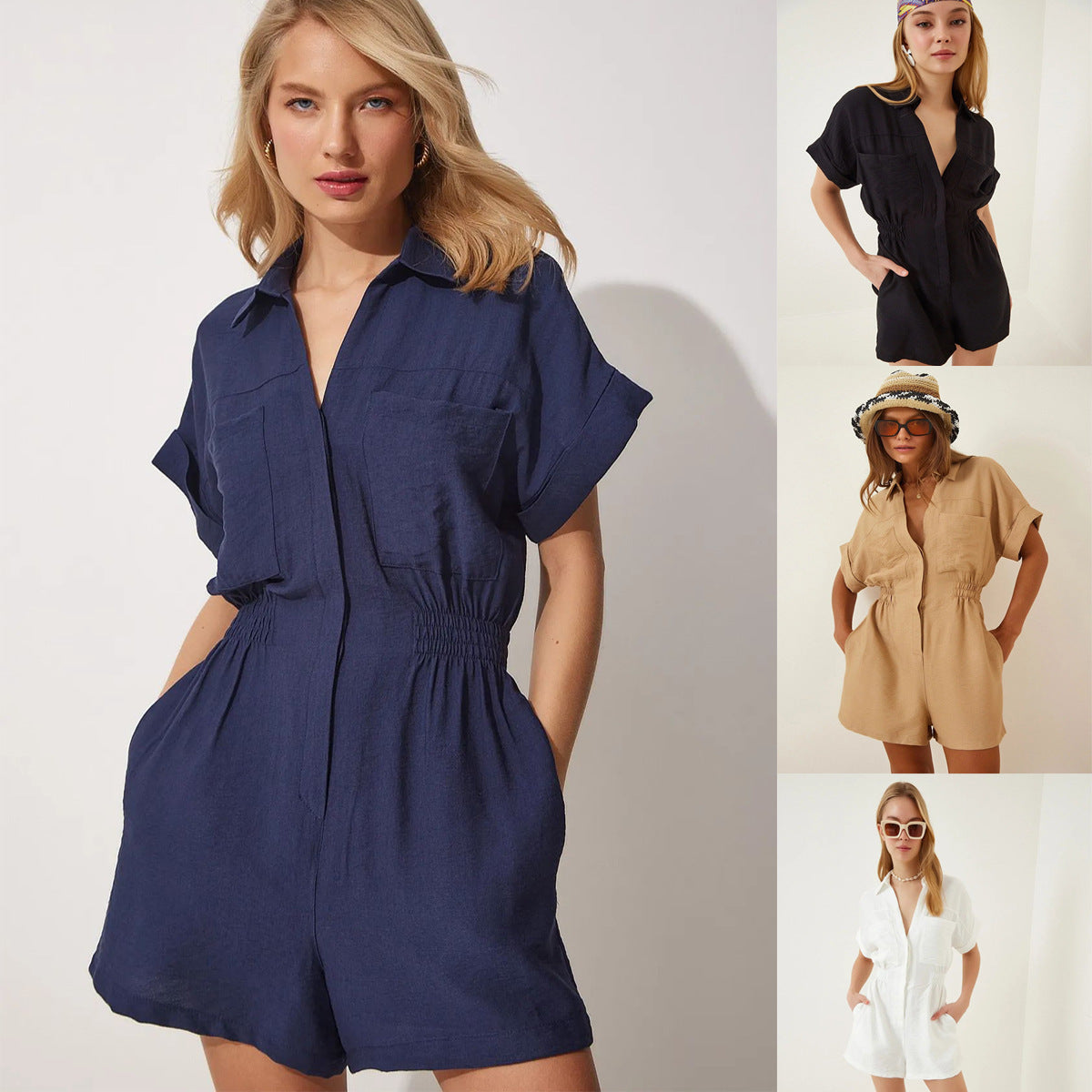 Women's Cotton Linen Loose-Fit Workwear Jumpsuit With Pockets