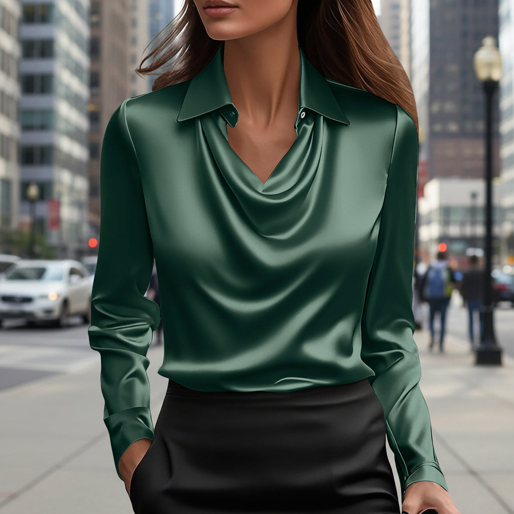 Long Sleeve Satin Swing Collar Top | Elegant Commuter Shirt
