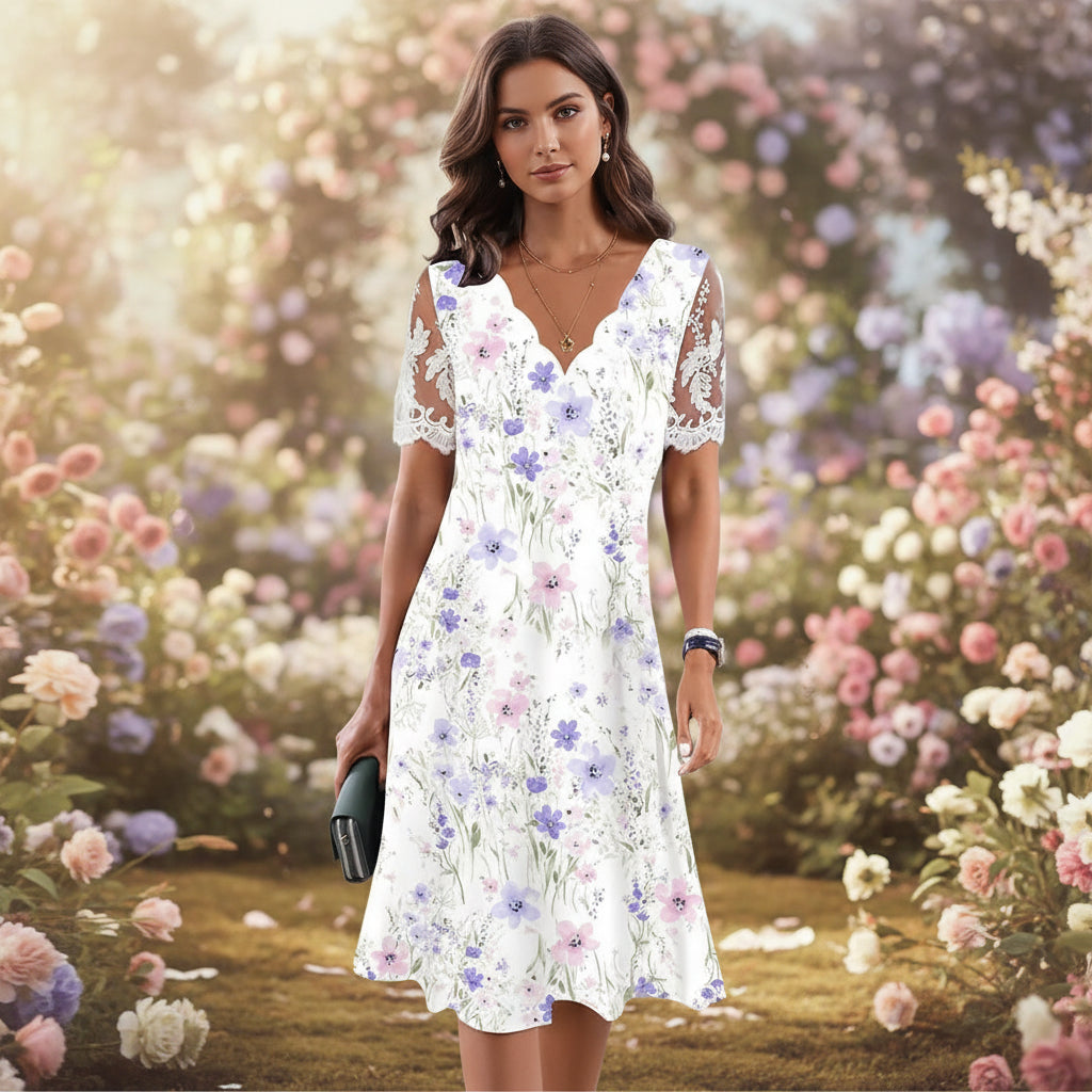 Women's Floral Lace Flounce Neckline High-Waist A-Line Midi Dress