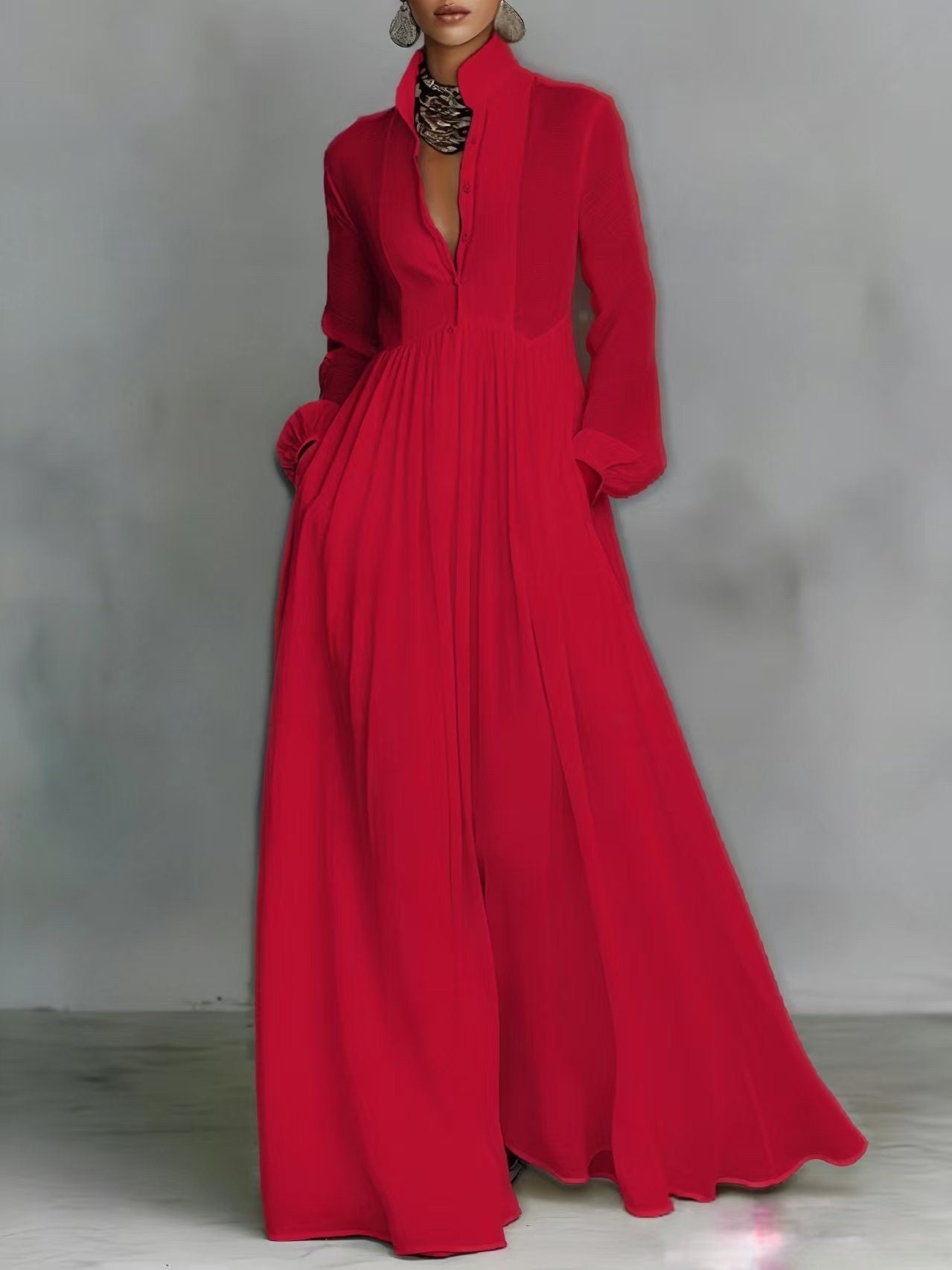 Women's French Style Long Sleeve Pleated A-Line Maxi Dress