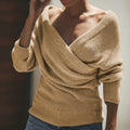 Women's Off-Shoulder Crossover Knit Sweater – Slim Fit Long Sleeve