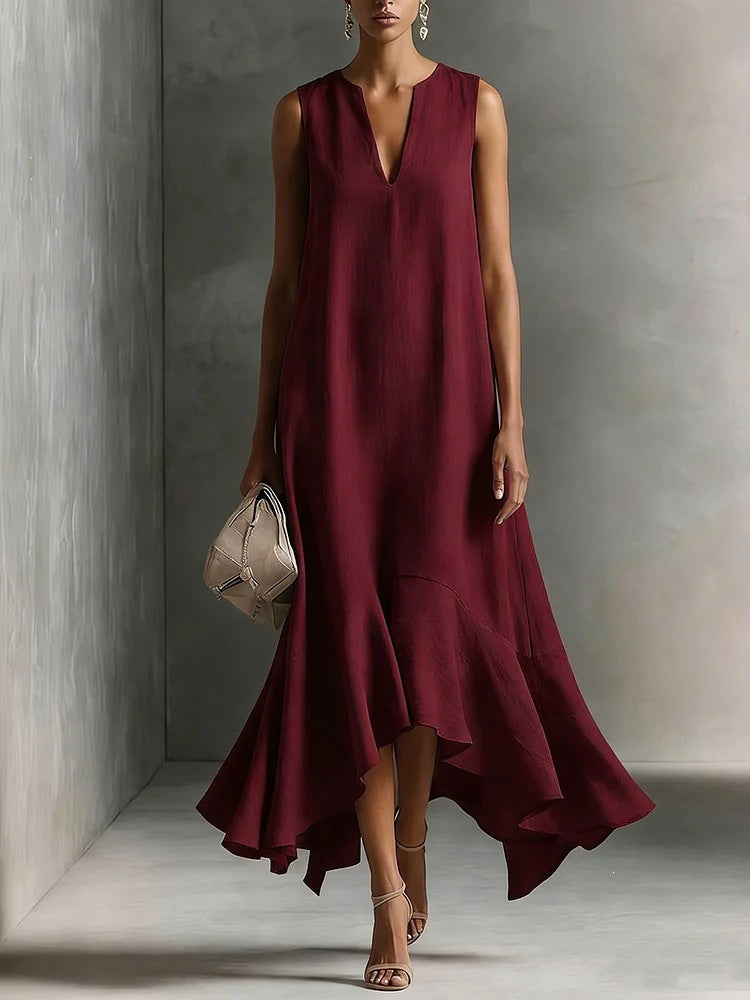 Women's Deep V-Neck Sleeveless Asymmetrical Maxi Dress – Patchwork