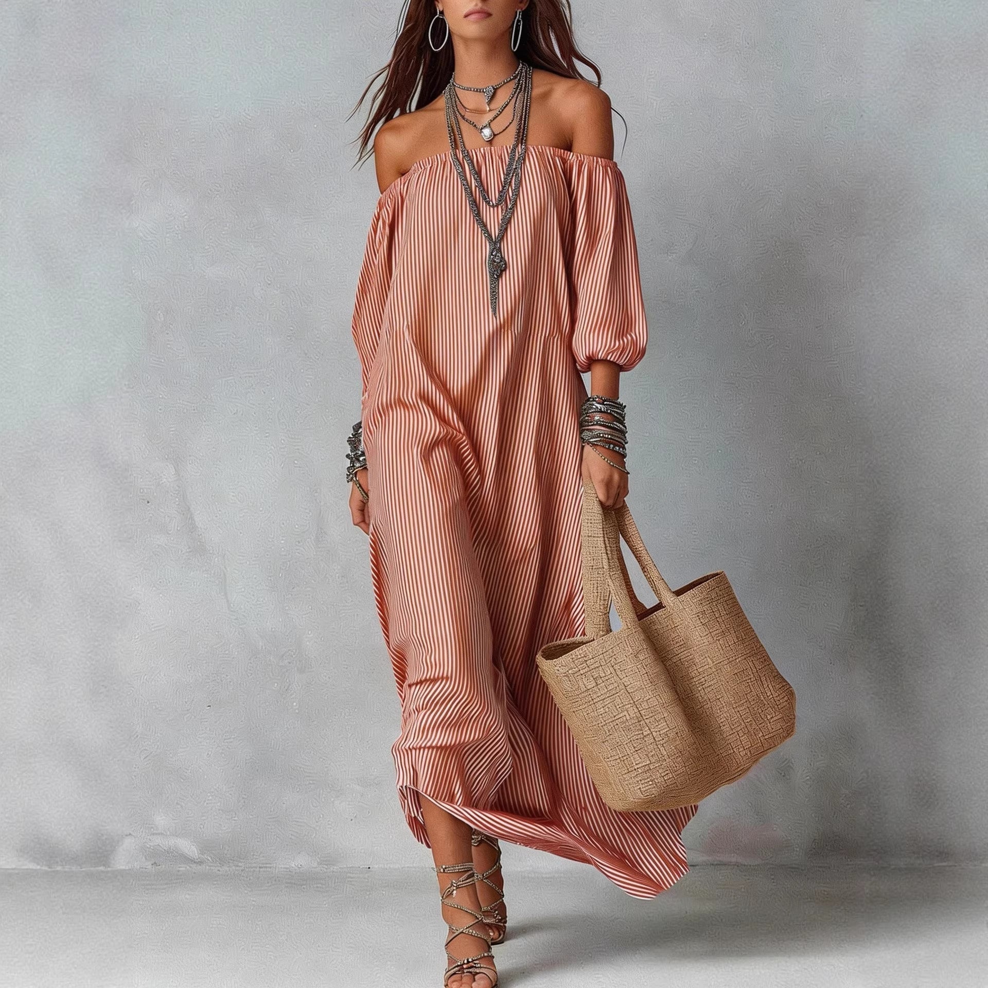 Women's Striped Loose-Fit Flared Maxi Dress – Holiday & Vacation