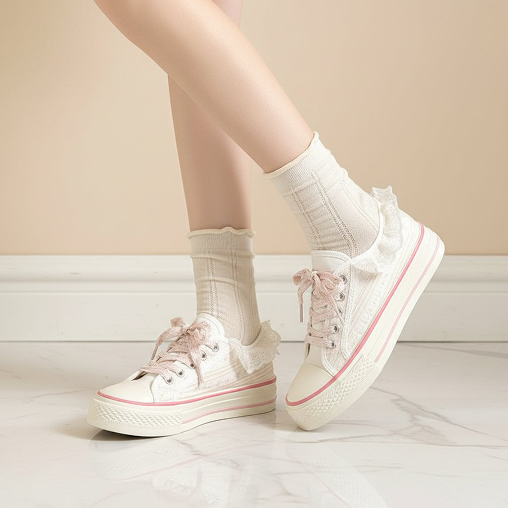 Women's Lace Frill Floral Embroidery Canvas Sneakers – Low-Top Lace-Up