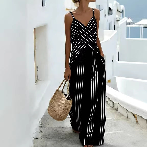 Women's Striped V-Neck Sleeveless Two-Piece Set