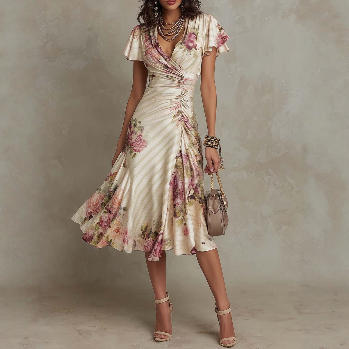 Ruffled Hem Maxi Dress – V-Neck Satin A-Line Color Block Dress
