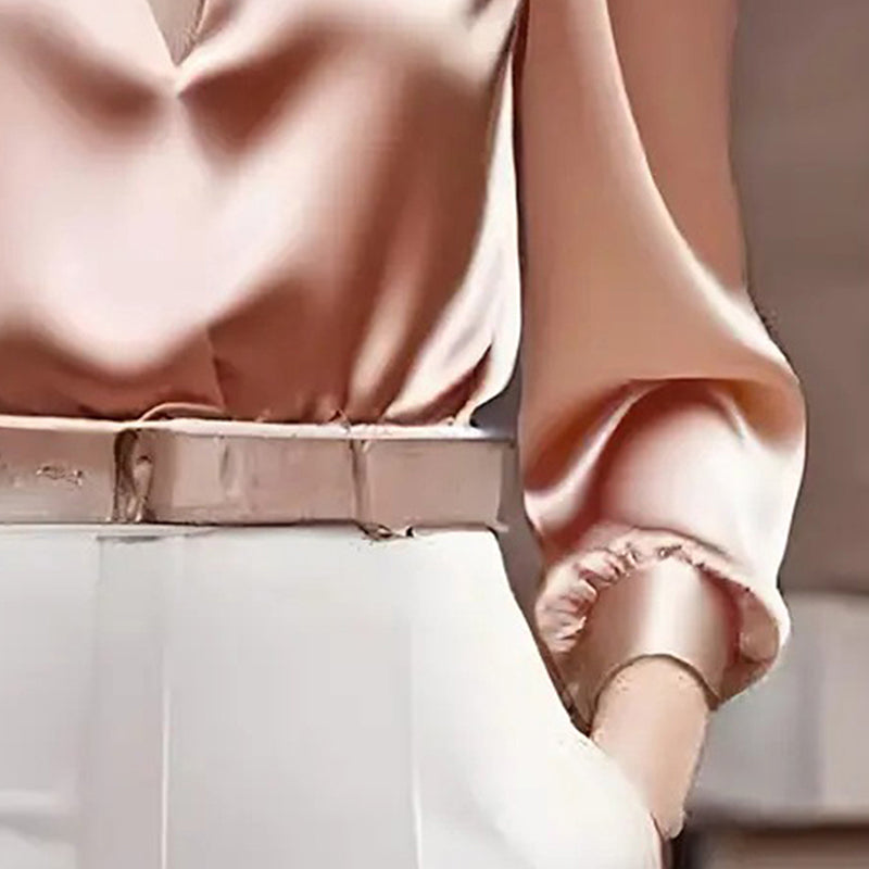 Women’s Satin V-Neck Long Sleeve Top – Slim Fit Solid Color Blouse