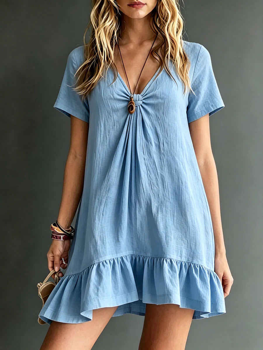 Women's V-Neck Short-Sleeve Midi Dress – Ice Silk Crepe Loose Casual