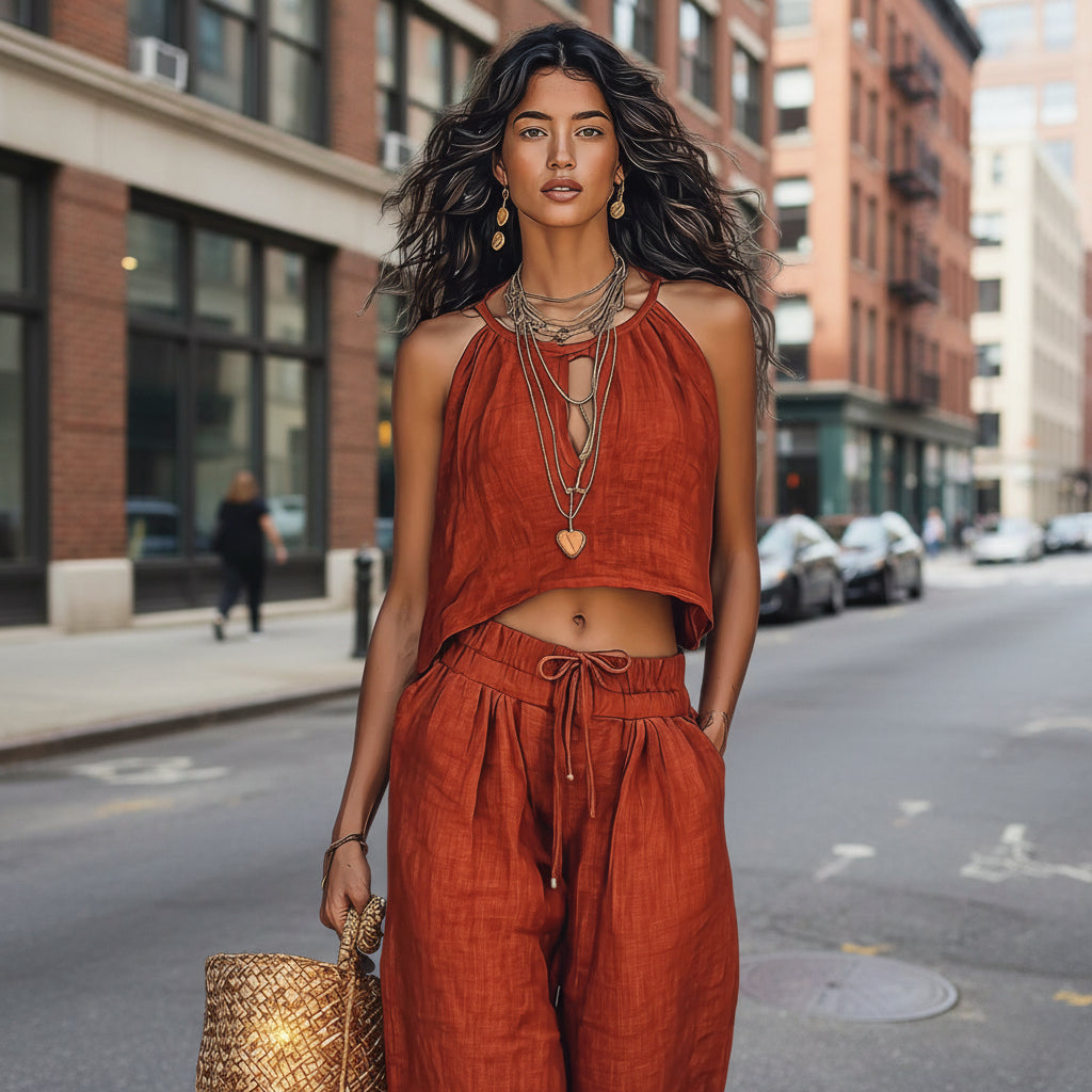 Women's Sleeveless Tank Top & Wide-Leg Pants Set – Linen Blend Summer Two-Piece