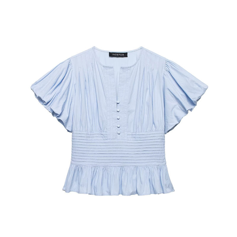 Women's Ruffle-Trim Puff-Sleeve Blouse Top – Slim-Fit Elegant