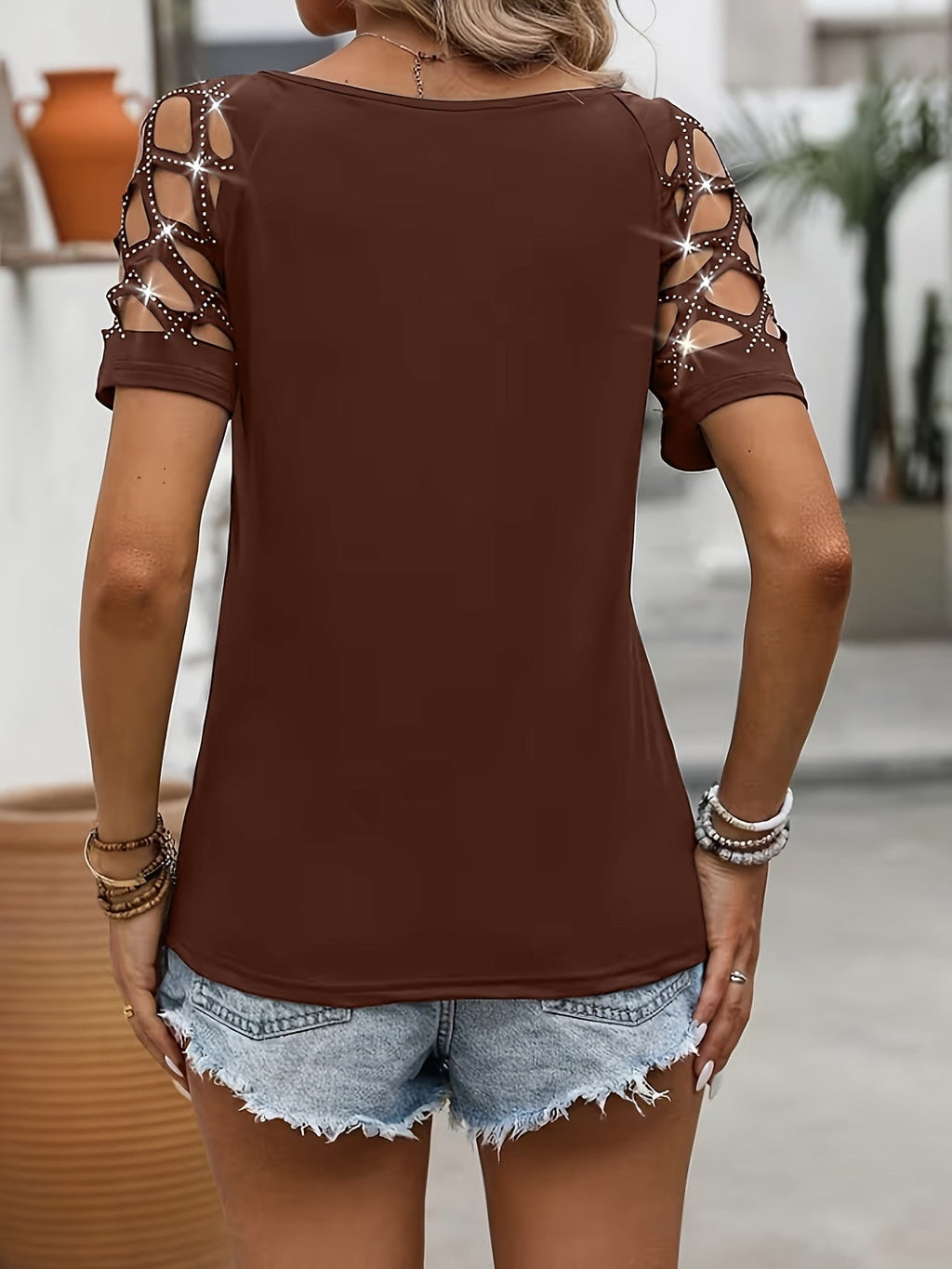 Women's Rhinestone Cut-Out Short-Sleeve Top with Chain Detail