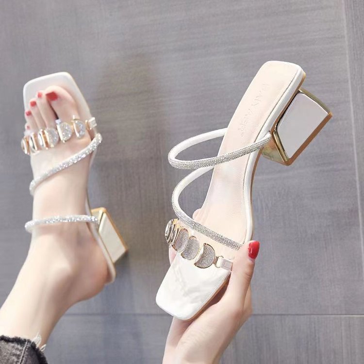 Women's Korean Style Rhinestone Single Strap Slide Sandals – Mid Chunky Heel