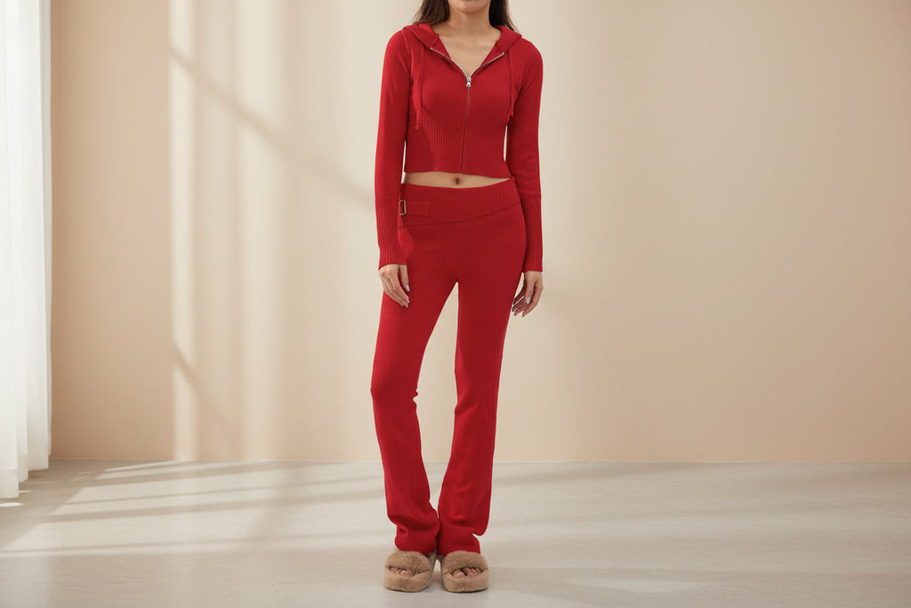 Women’s Knitted Hooded Two-Piece Set – Cardigan & High-Waisted Pants Suit