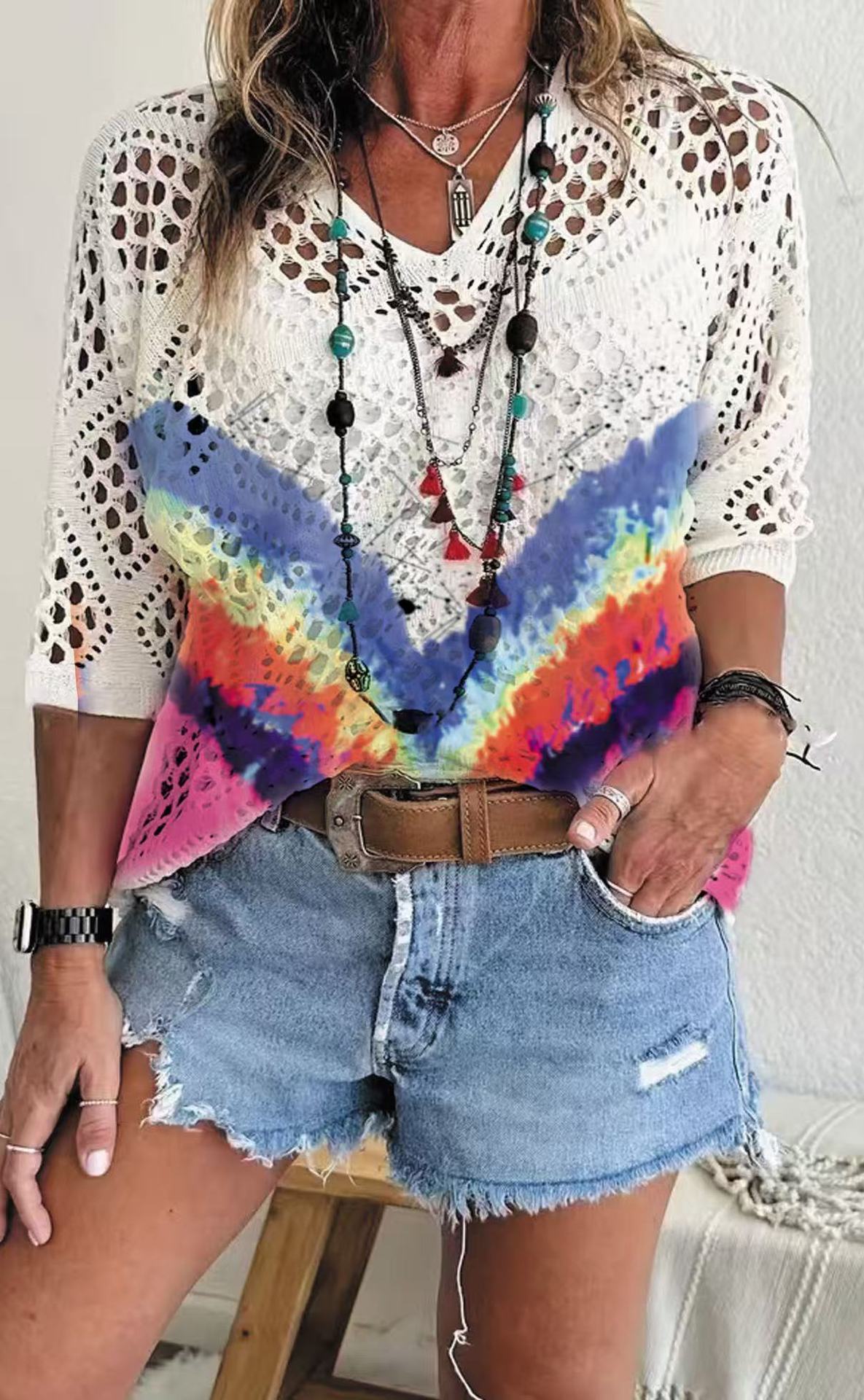 Women's Batwing-Sleeve Sweater – Hollowed-Out 3D Knitted Print Relaxed Fit