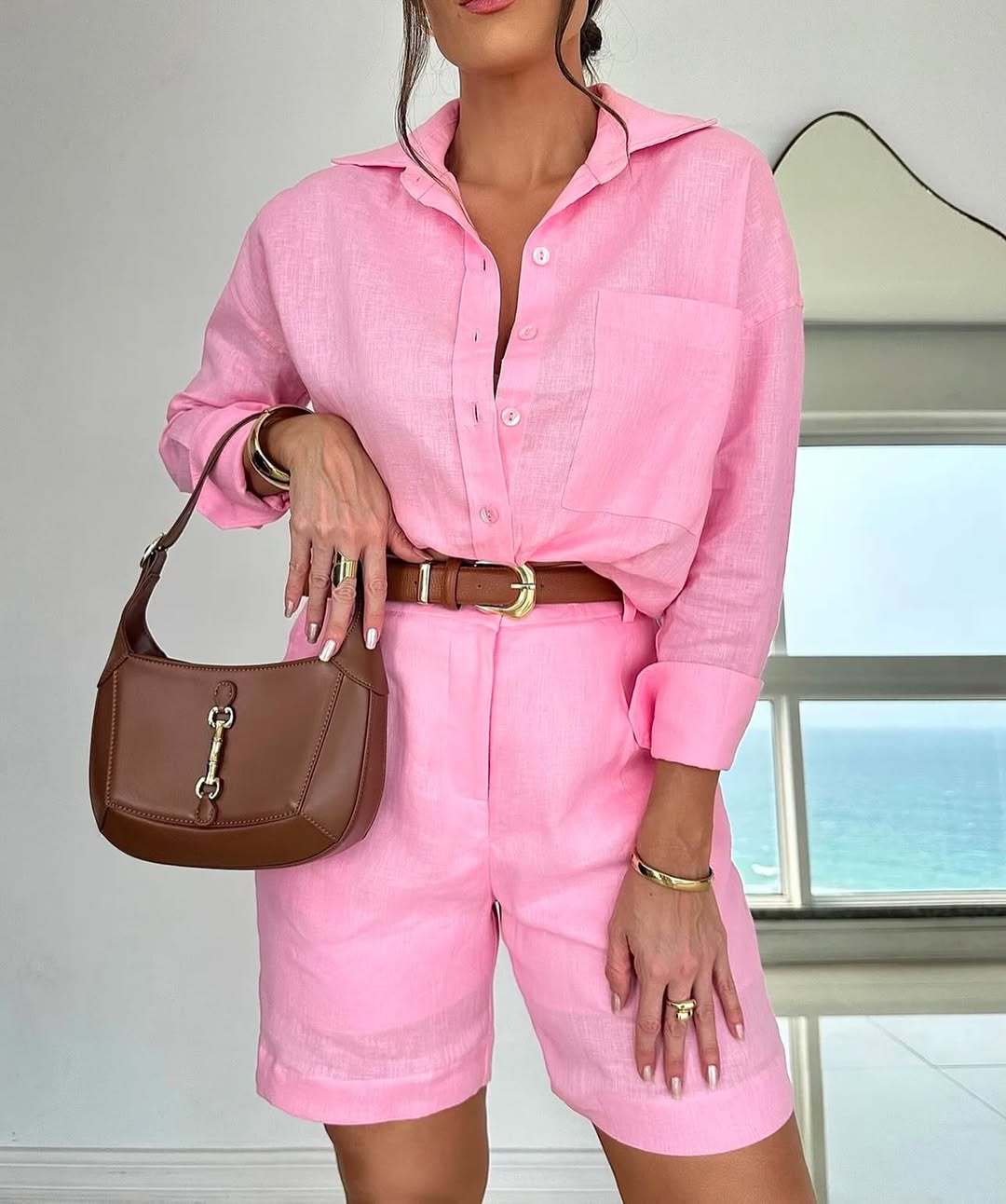 Women's Casual Long-Sleeve Shirt & Shorts Set – Cotton 2-Piece