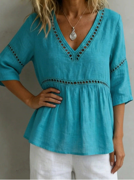 Women's V-Neck Hollow-Out Fringe Cotton-Linen Top