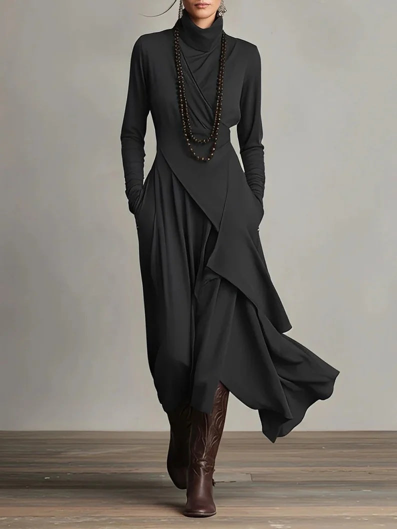 Women's Cross-Wrap High-Neck Long-Sleeve Maxi Dress