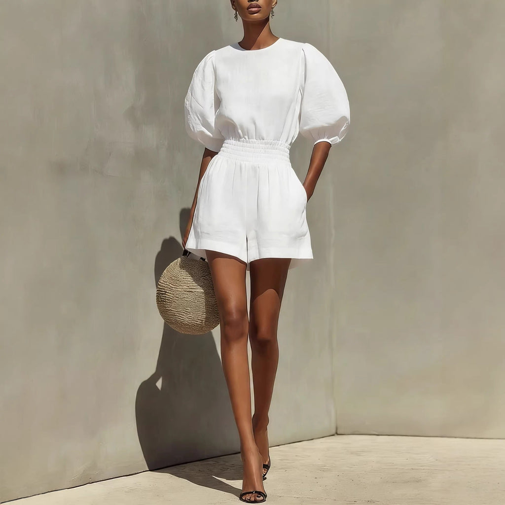 Women's Puff-Sleeve Top & Cropped Shorts Set – Casual Chic