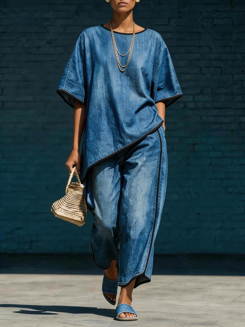 Women's Denim-Style Knit Top & Wide-Leg Pants Set – Casual 2-Piece