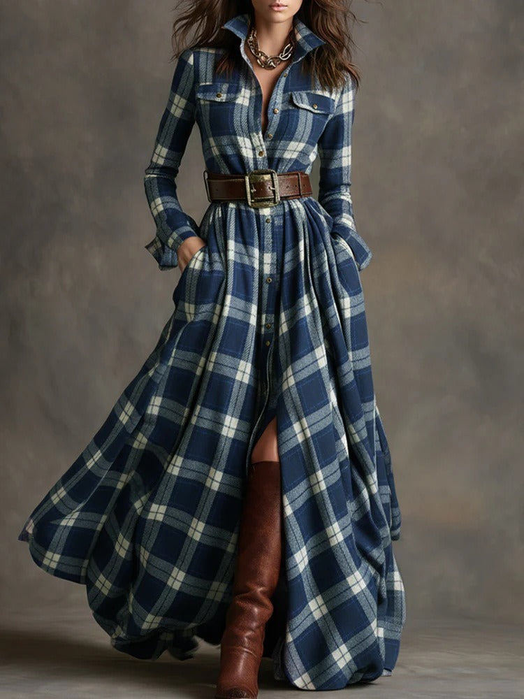 Women's Plus Size Plaid Print Long Sleeve Shirt Dress with Pockets