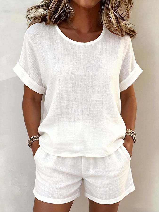 Solid-Color T-Shirt & Shorts Set – Cotton Linen, 10 Colors