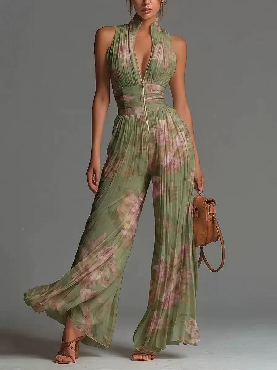 Pleated Wide-Leg Jumpsuit for Women – Sleeveless High-Waist Minimalist Long Jumpsuit