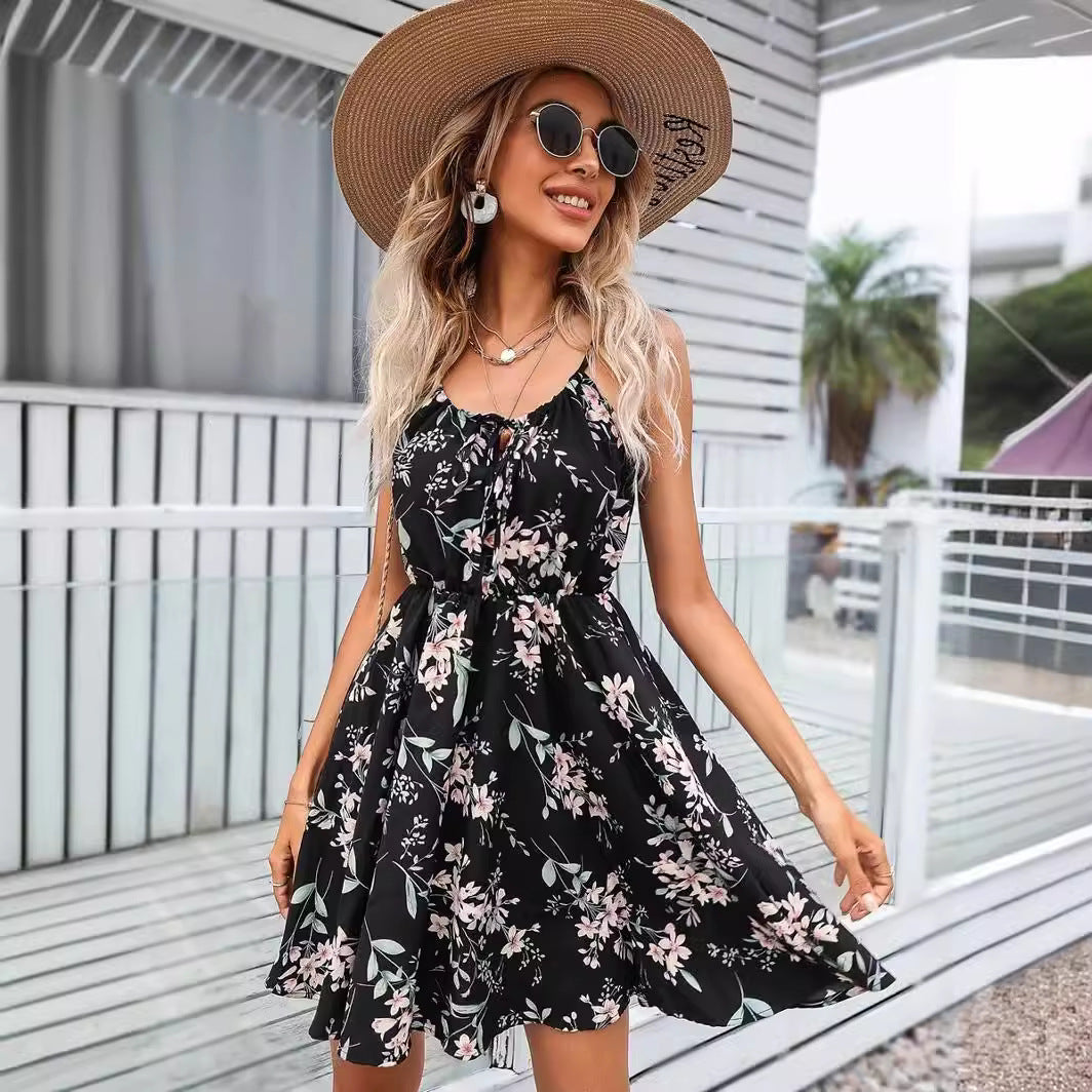 Women's Floral Print Sleeveless Midi Dress – Tie-Up Neck Elastic Waist Boho Summer Dress