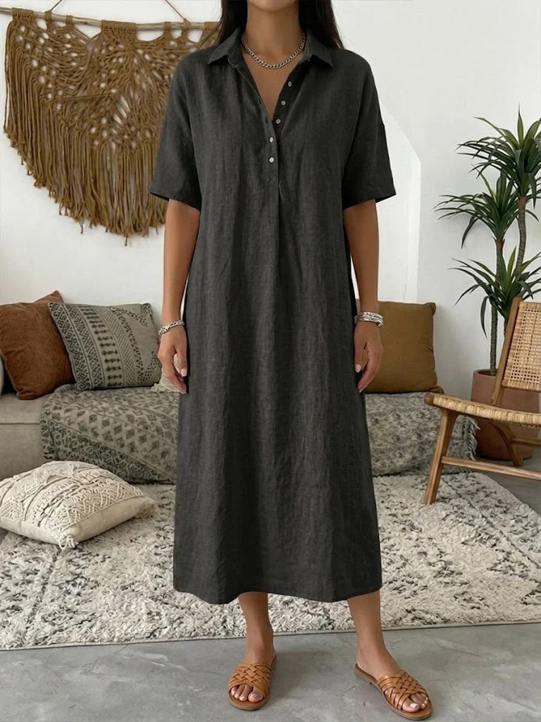 Women's Linen Blend Short Sleeve Polo Neck Maxi Dress