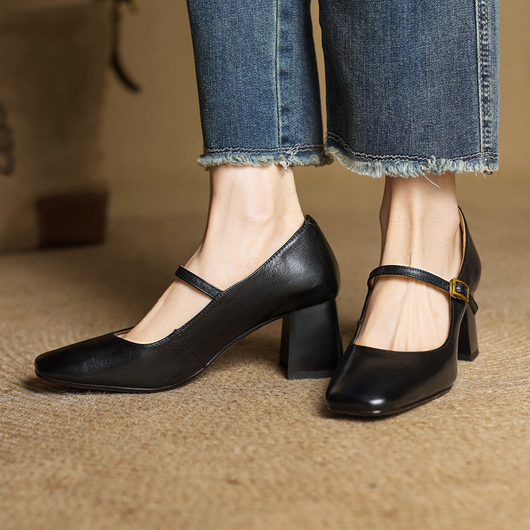 Women's Genuine Leather Mary Jane Block Heel Pumps