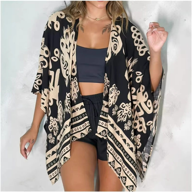 Women’s Printed Cardigan Top with Drop Shoulder Sleeves