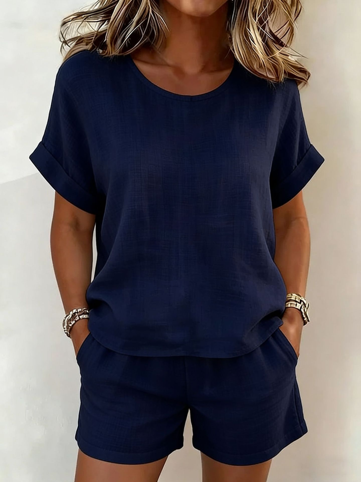 Solid-Color T-Shirt & Shorts Set – Cotton Linen, 10 Colors