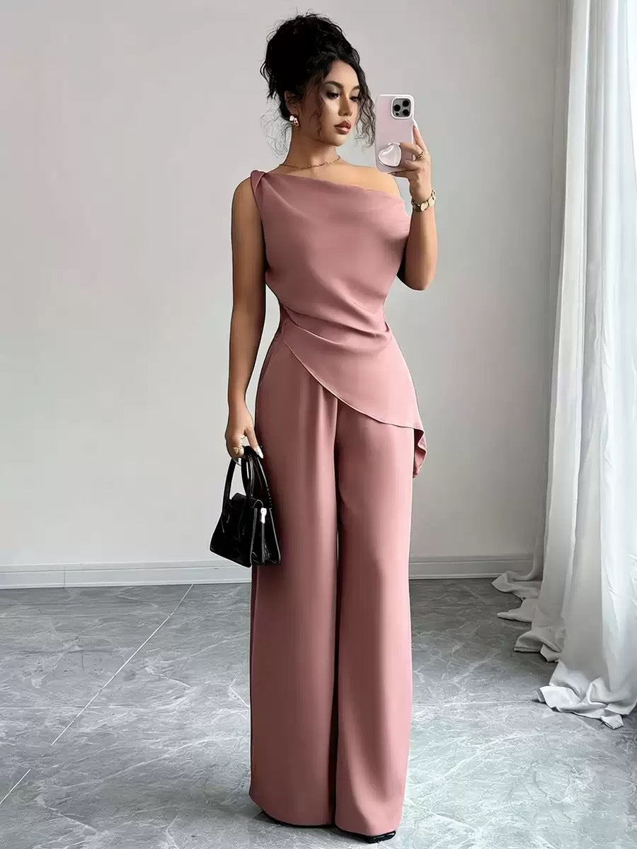 One-Shoulder Asymmetric Top & Wide-Leg Pants 2-Piece Set – Women's Elegant Co-ord Suit