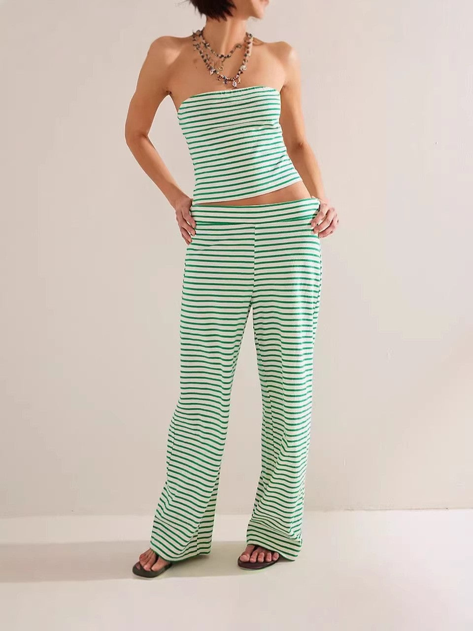 Women's Striped Tube Top & Pants Set – 2-Piece Modal Matching Outfit