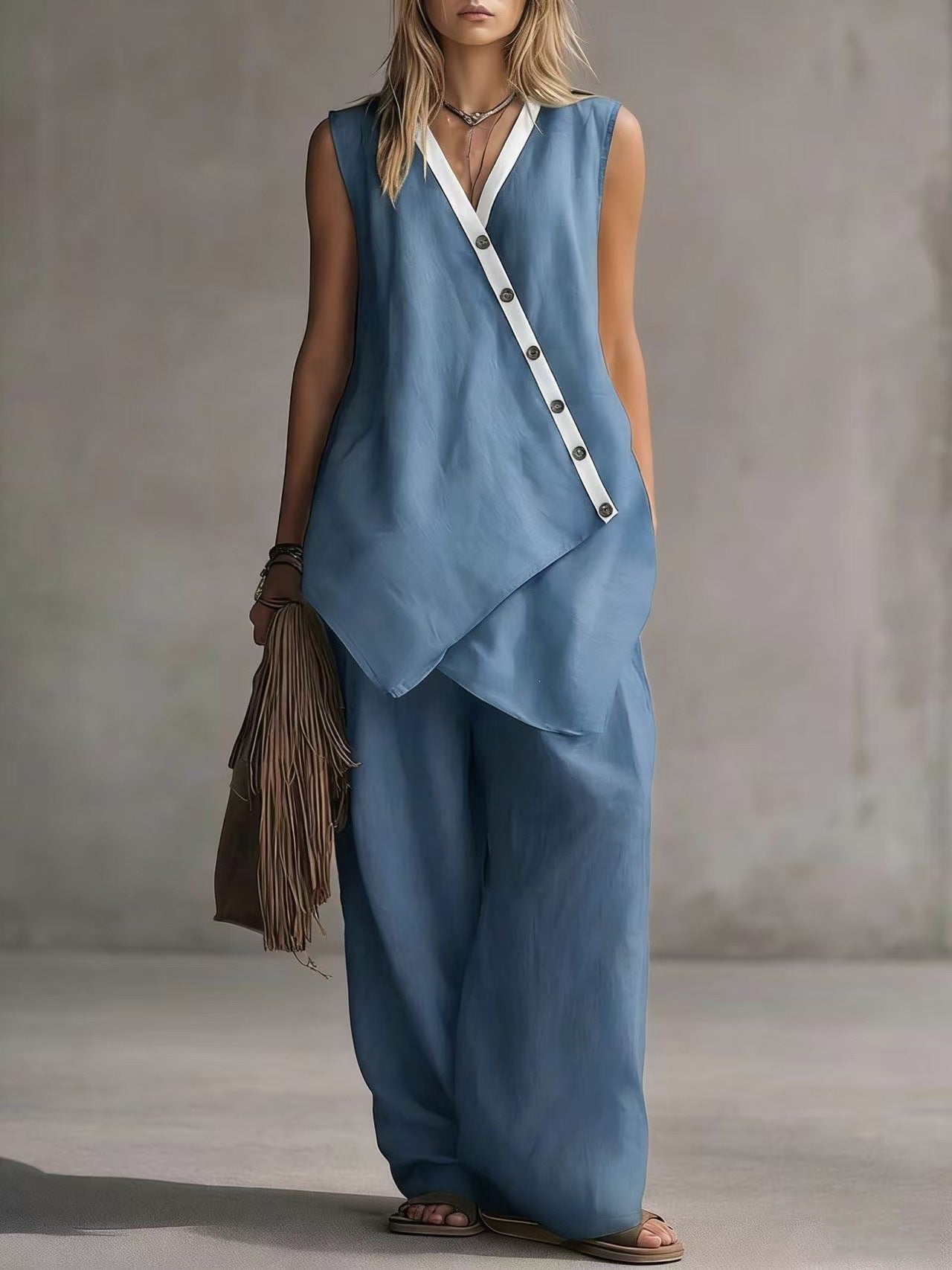 Women's Boho V-Neck Button Vest & Wide-Leg Pants Set