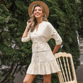 Women's V-Neck A-Line Dress – Three-Quarter Sleeve Button Contrast Panel