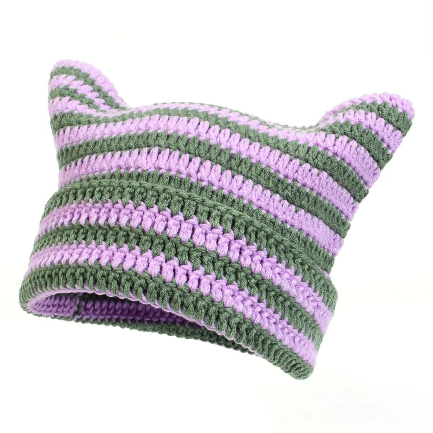 Women’s Hand Knitted Striped Cat Hat – Cute Warm Winter Beanie