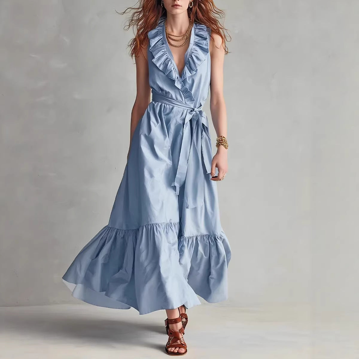 Women's V-Neck Sleeveless Lace-Up Panelled Maxi Dress – Wide Flare