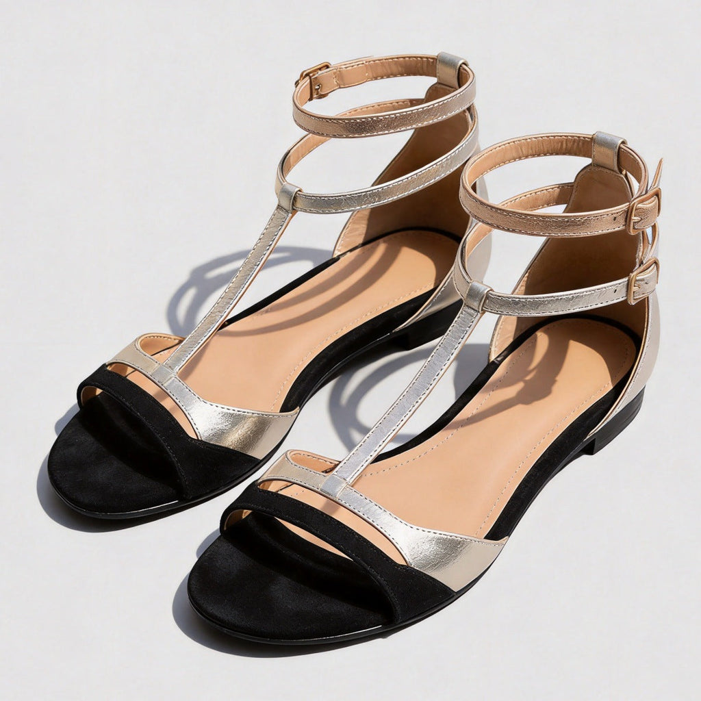 Women's Colour-Block T-Strap Flat Sandals – Double Ankle Strap & Open Toe