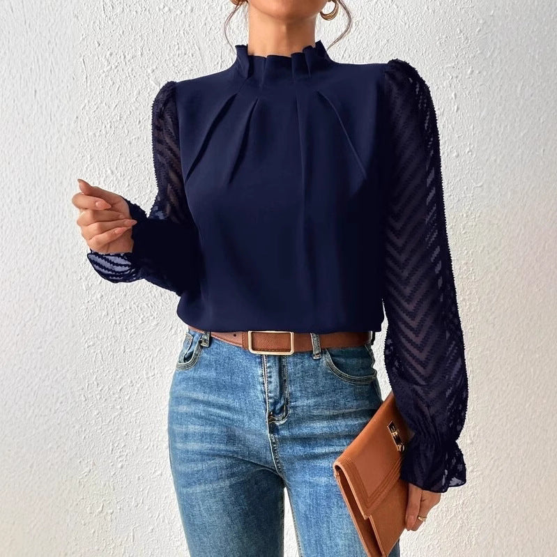 Women's Mock Neck Chiffon Blouse – Wave Pattern Sheer Long Sleeve with Ruffle Cuffs