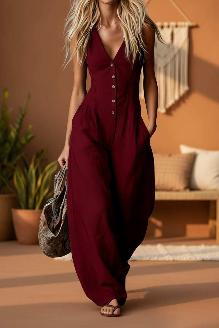 Women's Linen-Look V-Neck Jumpsuit – Textured, Sleeveless, Commuter Style