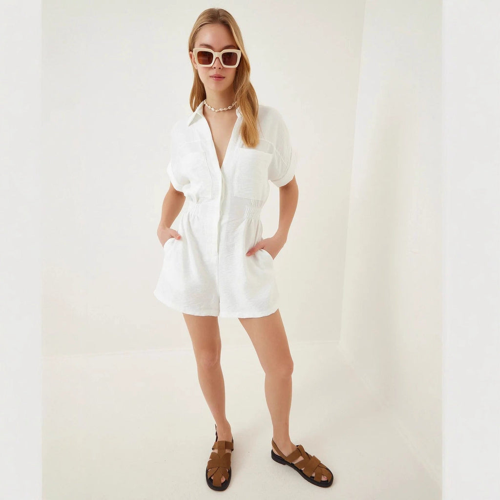 Women's Cotton Linen Loose-Fit Workwear Jumpsuit With Pockets