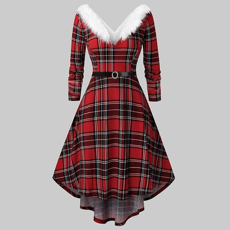Christmas Women’s Fur Patchwork V-Neck Long-Sleeved Dress
