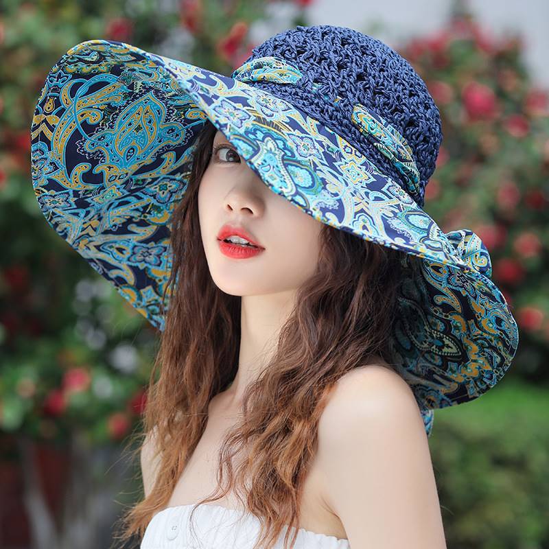 Women's Patterned Straw Beach Sun Hat – Round Crown UV Protection Summer Hat