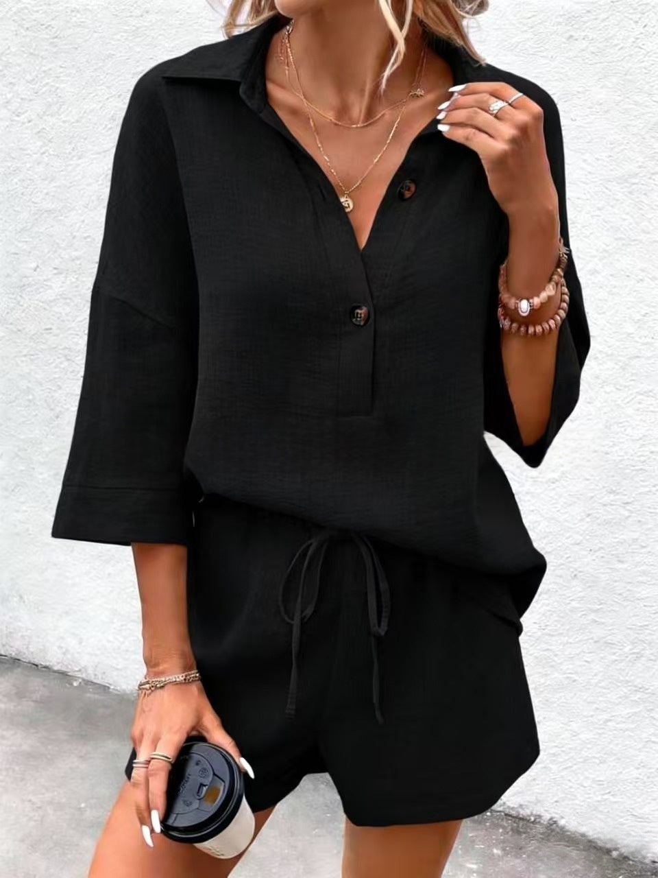 Women's Notch-Lapel Short-Sleeve Top & Belted Shorts Two-Piece Set