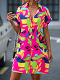 Women's Colorful Tropical Print Shirt Dress – Button Front Short Sleeve Collared A-Line Midi