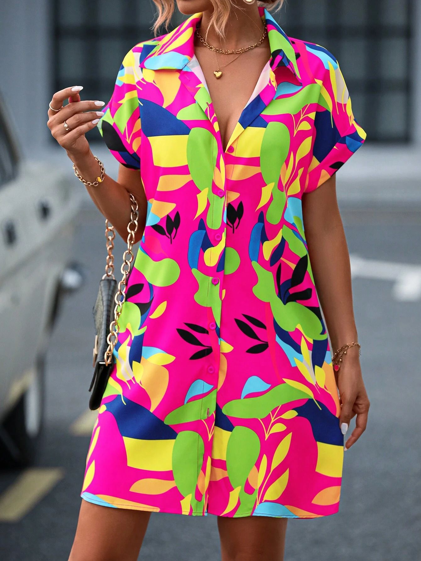 Women's Colorful Tropical Print Shirt Dress – Button Front Short Sleeve Collared A-Line Midi