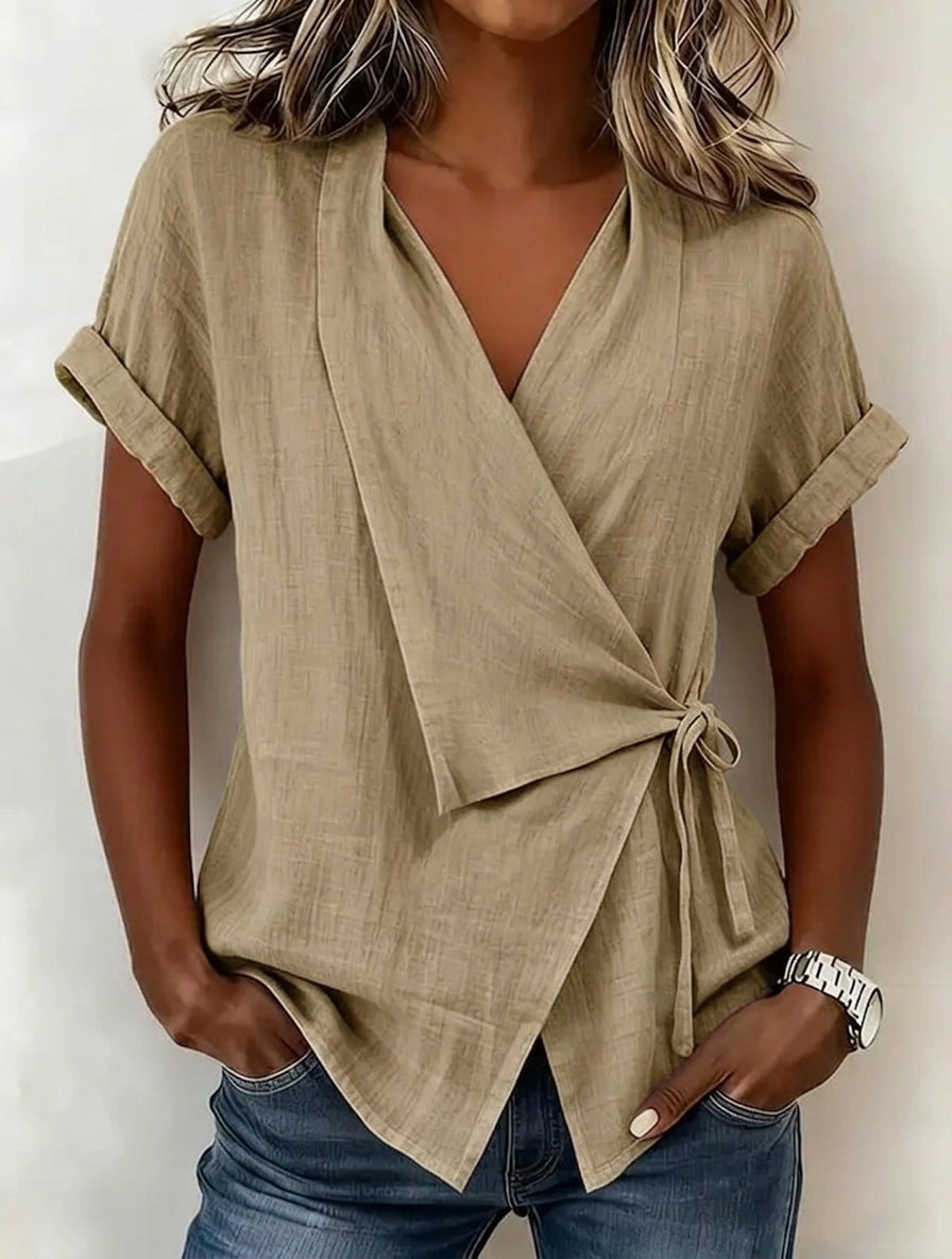 Women's Casual Lapel Collar Lace-Up Short-Sleeve Linen Top