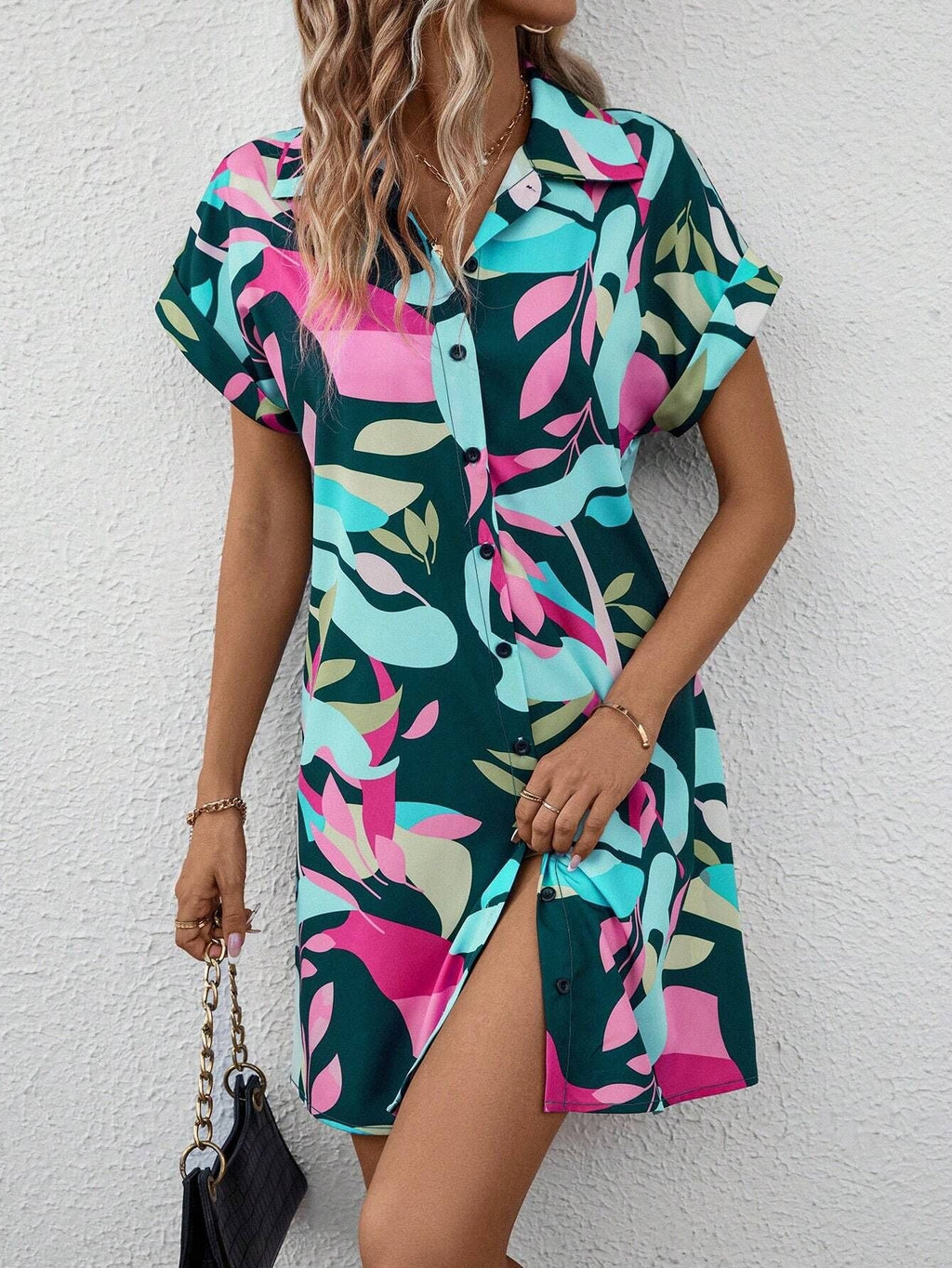 Women's Colorful Tropical Print Shirt Dress – Button Front Short Sleeve Collared A-Line Midi