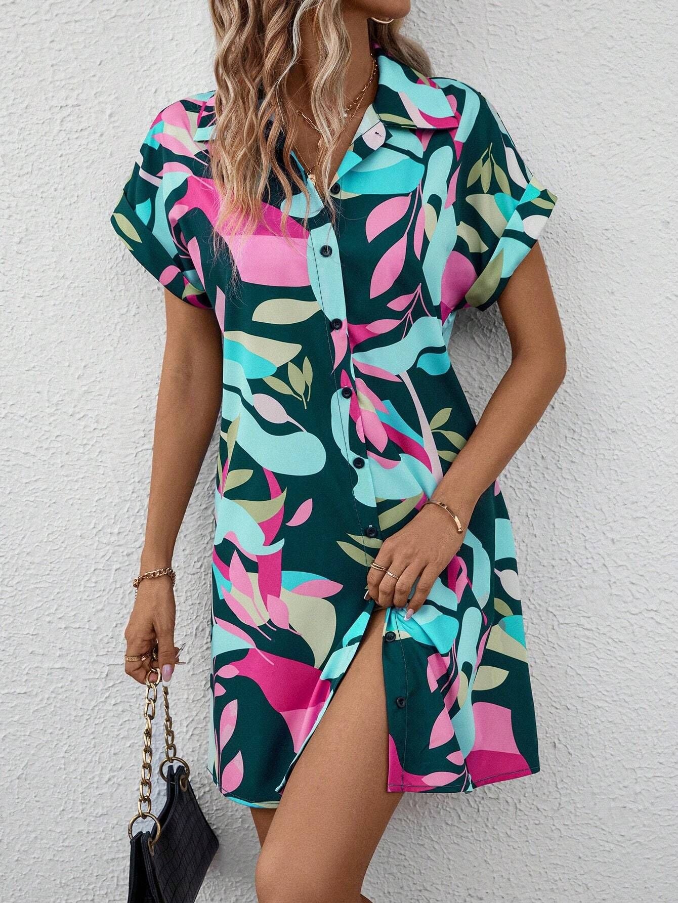 Women's Colorful Tropical Print Shirt Dress – Button Front Short Sleeve Collared A-Line Midi