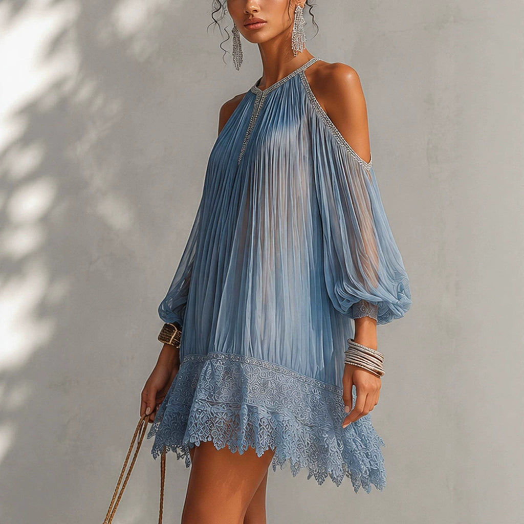 Women's Flared Chiffon Ruffle Dress with Lace Hem & Bubble Sleeves – Blue Beach Dress